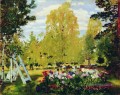 paysage avec un parterre de fleurs 1917 Boris Mikhailovich Kustodiev paysage de jardin